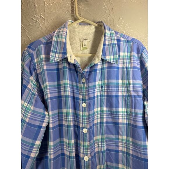 L.L. Bean Fleece Lined Flannel Shirt Womens Blue Plaid Button-Up Shacket Size XL - Picture 3 of 5